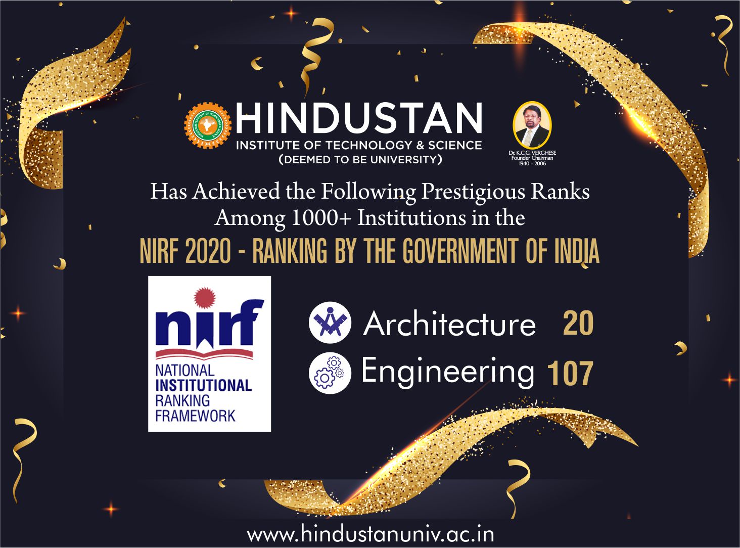 HITS EXCELS IN THE NIRF RANKINGS 2020 Hindustan Institute of