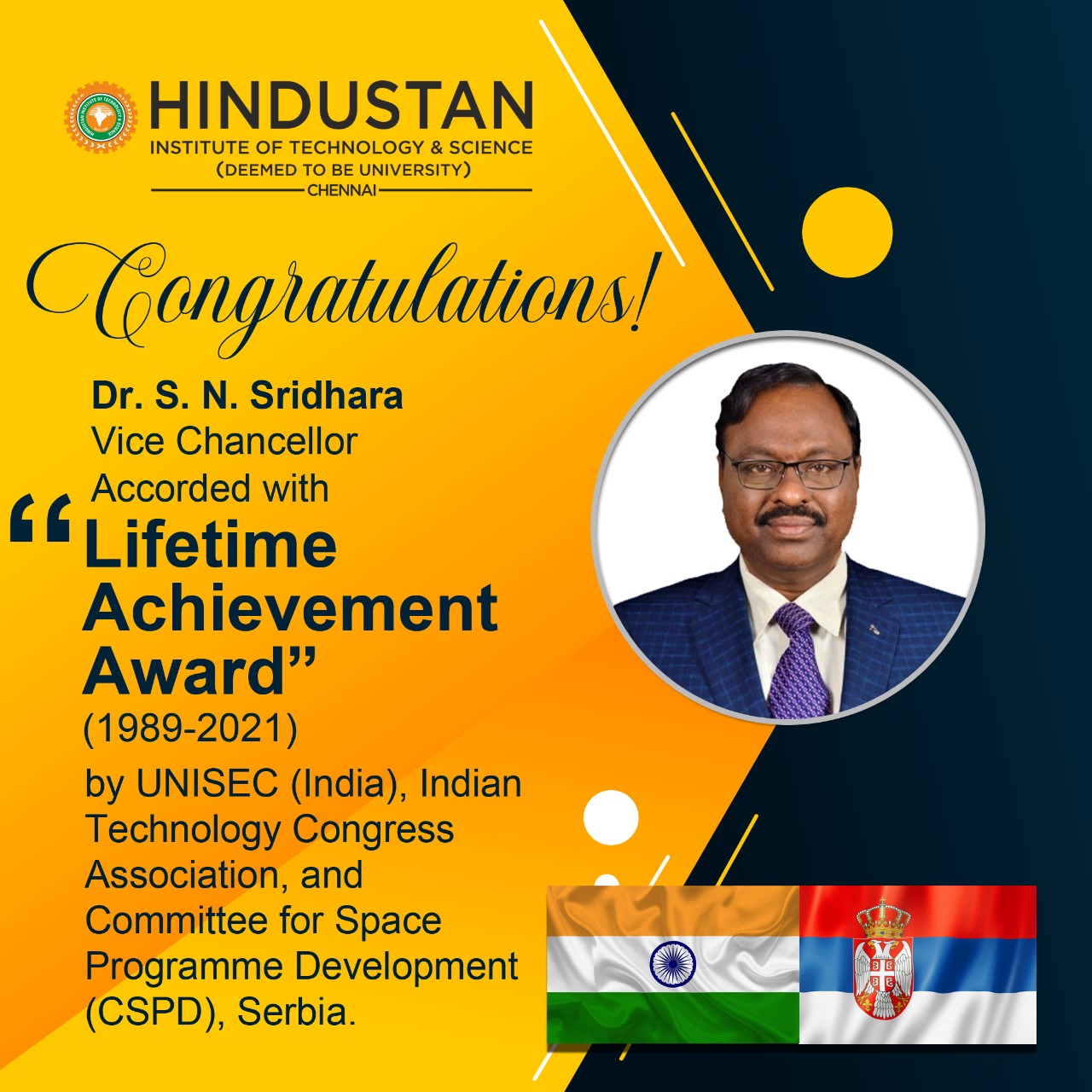 VC Honoured with LifeTime Achievement Award Hindustan Institute of